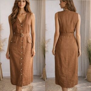 Ann Taylor Vintage Brown Linen Button Front V-neck Sleeveless Shirt Dress SZ 10